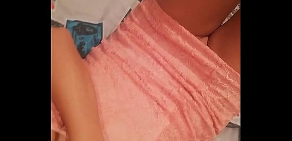  Gently and passionately masturbating in a pink dress